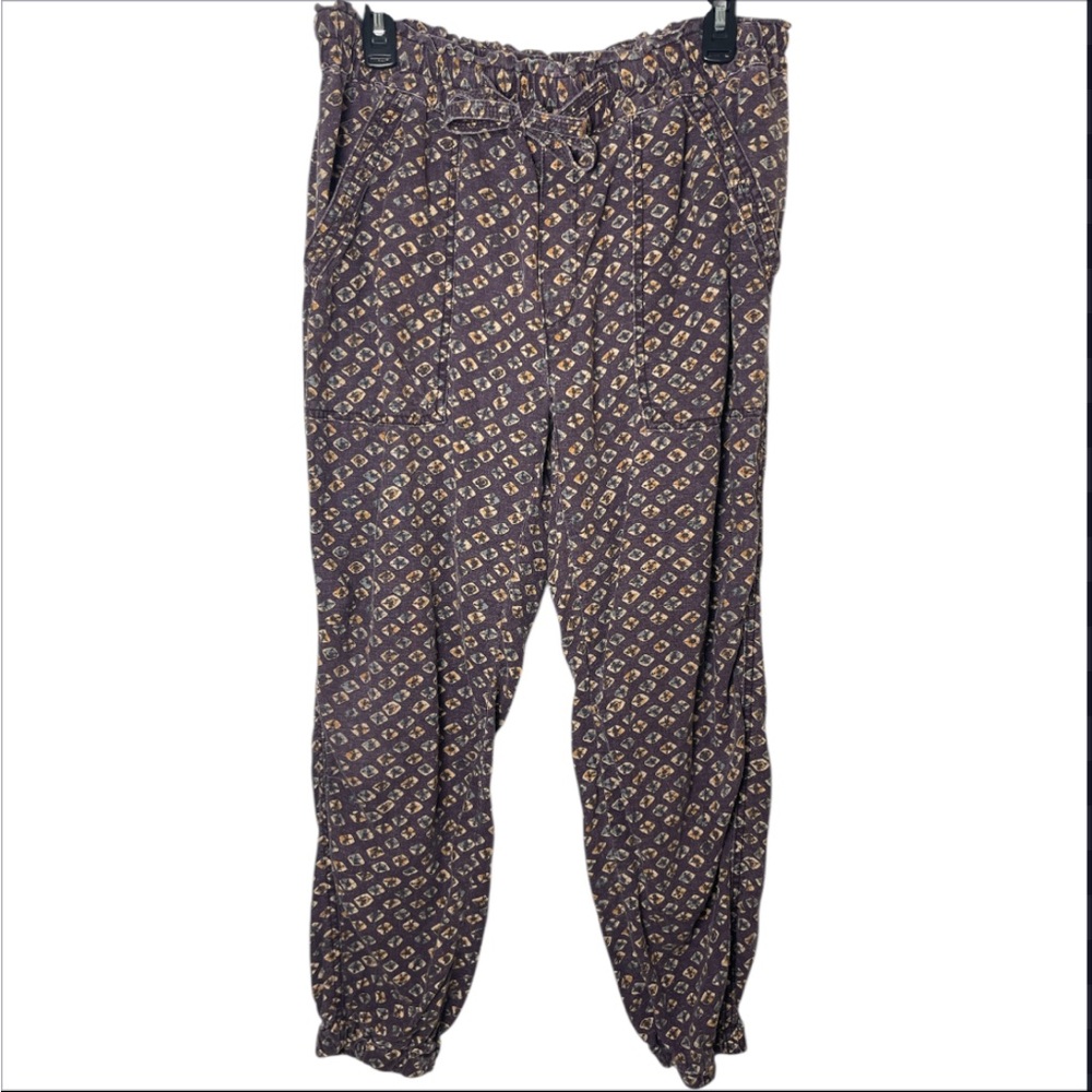 Anthropologie Women’s Boho Jogger Pants Medium Purple Print Linen Blend Indie - Picture 1 of 4